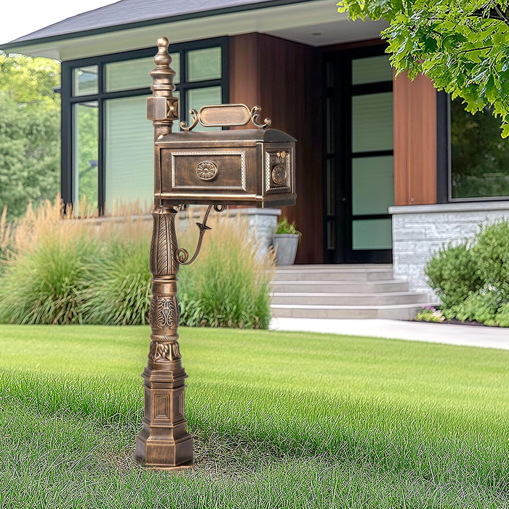 Cast Aluminum Mailbox, Barcelona Decorative Post Mailbox, Rust-Proof Large Security Heavy Duty Mailbox (Bronze)