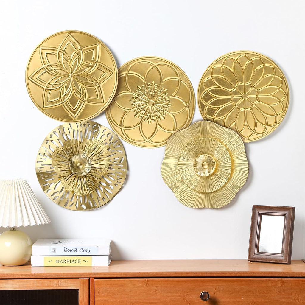 Inch Gold Metal Wall Art Decor Hanging Metal Flower Plate Modern Accent Wall Decorations Living Room Office - Set of 5