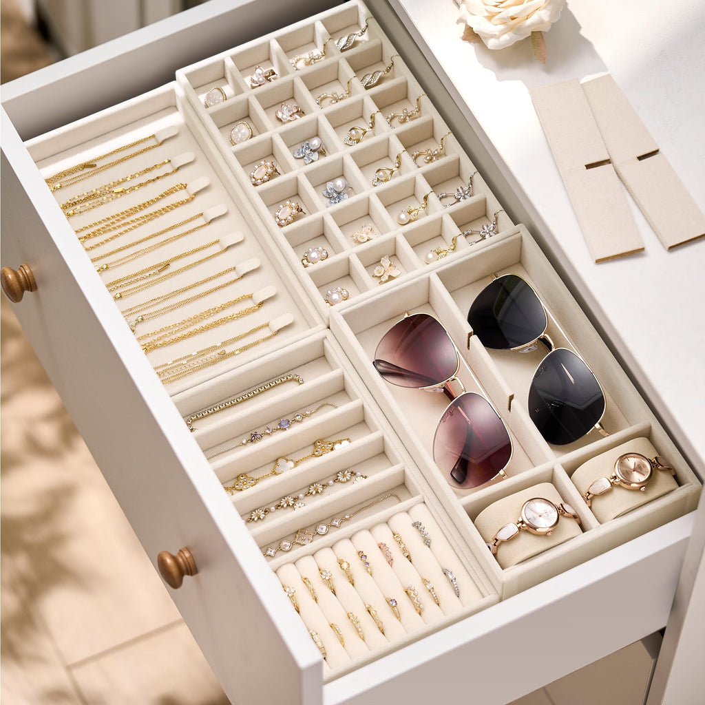 Velvet Jewelry Drawer Organizer Trays - 4-Layer Stackable Jewelry Storage Inserts Set, Beige Jewelry Tray Set for