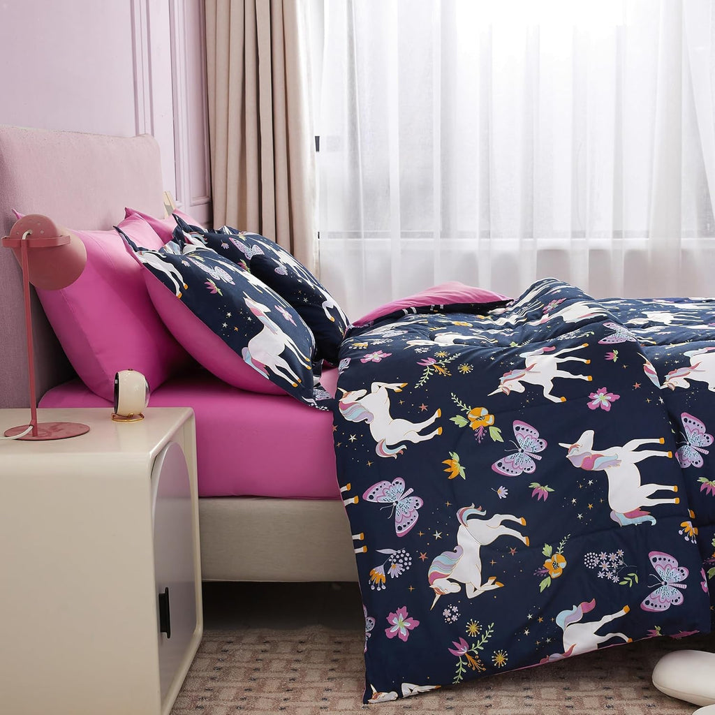 Kids Comforter Bed Set Twin for Girls, 6 Pieces Bed in a Bag with Shams, Sheet Set, Pink Unicorn Twin Soft Microfiber