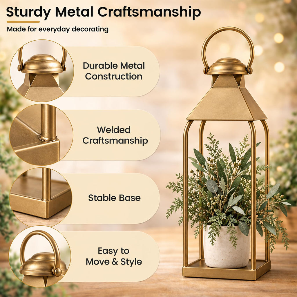 Antique Gold Decorative Metal Lanterns Indoor Outdoor Set of 2