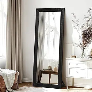 65"X22" Full Length Mirror Solid Wood Frame Floor Mirror with Stand Hanging Standing Or Leaning, Black