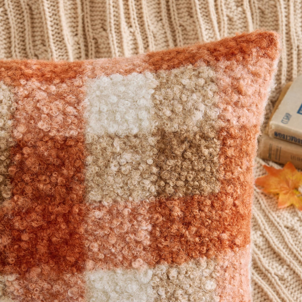 Fall Plaid Pillow Covers Boucle Orange 18x18 Set of 2