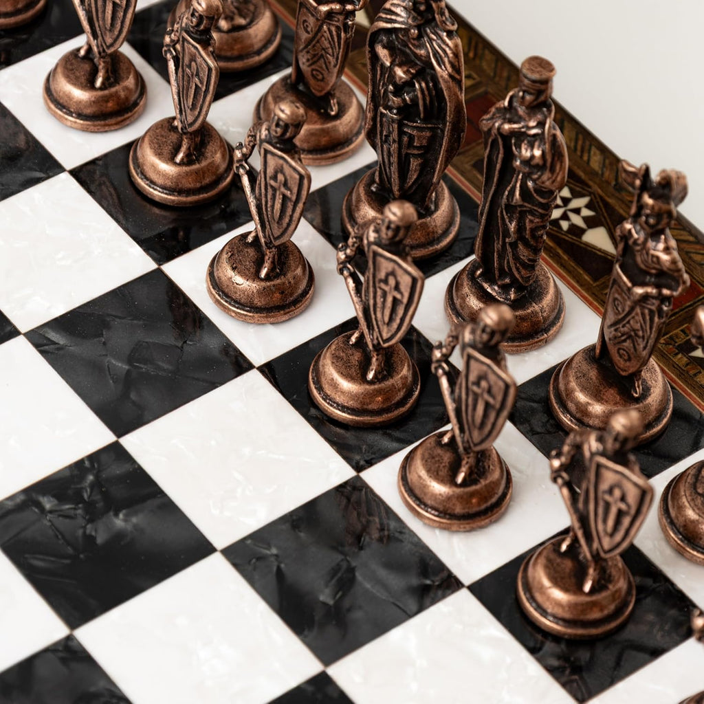 15-Inch Handmade Wooden Chess Set, Metal Pieces & Storage, Black