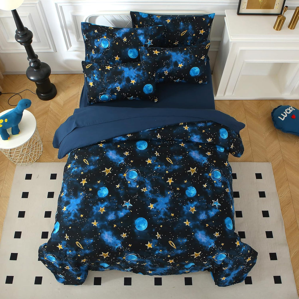 Glow in The Dark Kids Comforter Set, 4 Pieces Blue Space Bedding Set Full for Boys Girls Teen, 1 Comforter, 1