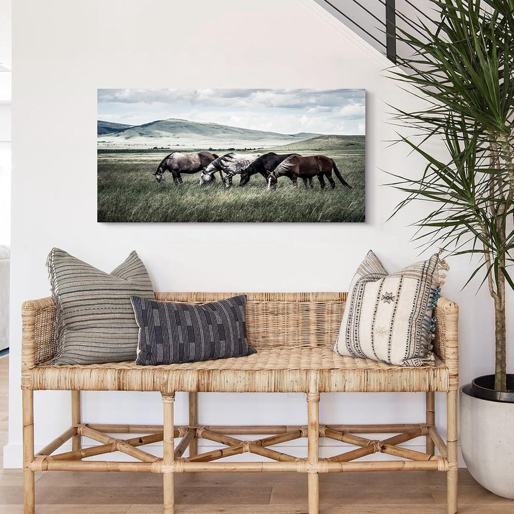 Rustic Horse Canvas Wall Art: Farmhouse Horses Picture Vintage Wild Animal Grazing on Grass Painting Print Country