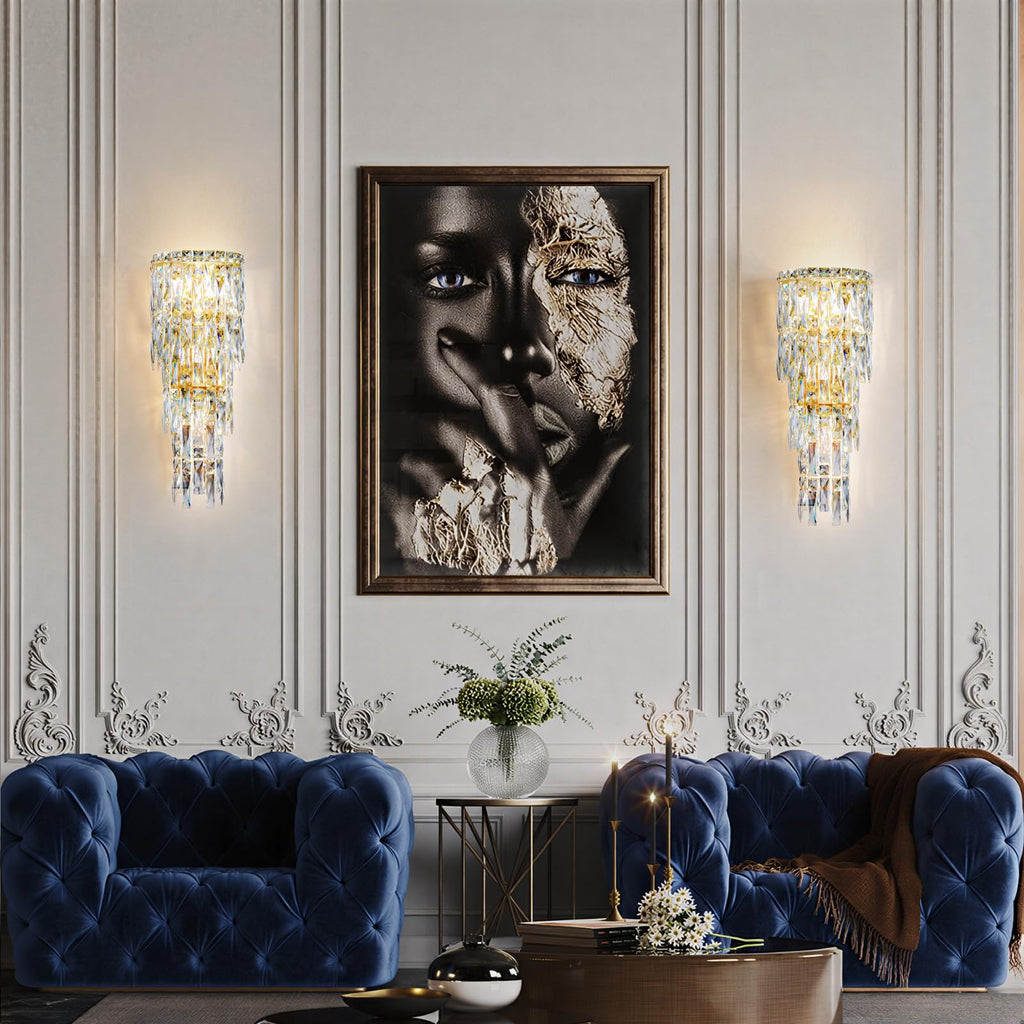 Modern K9 Crystal Wall Sconce,Gold Finish Wall Light Fixture Acrylic Crystal Drops Wall Lamp Bedside Light 3 Tiers