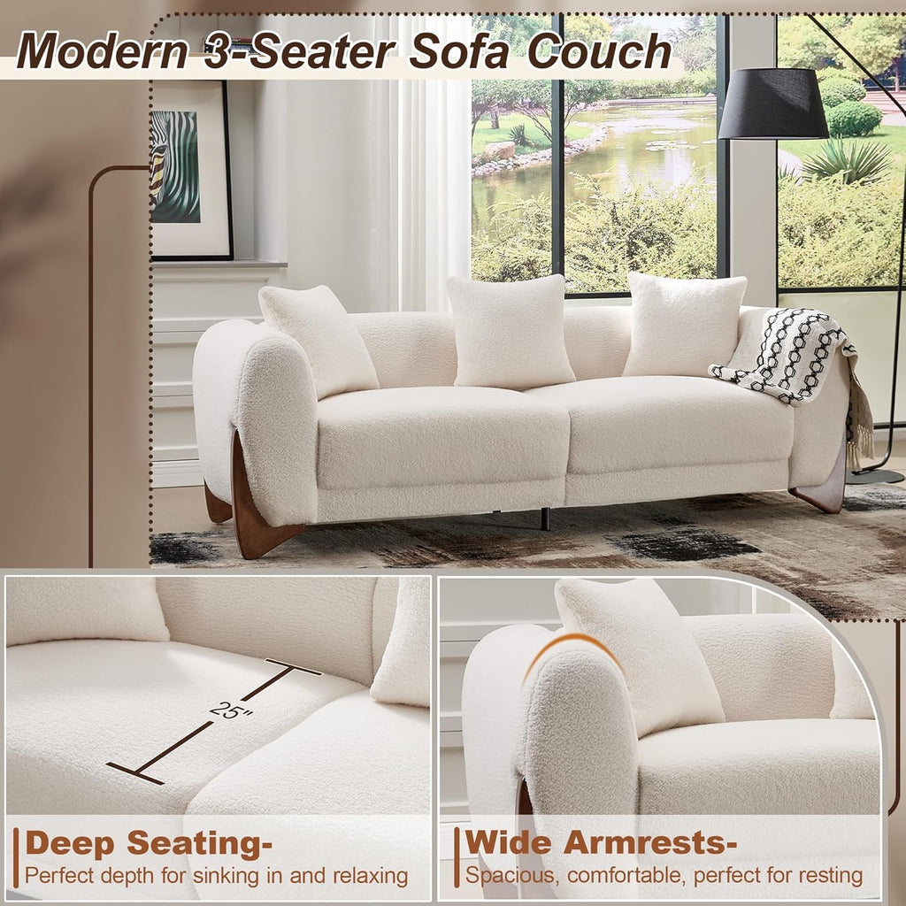 87" Sherpa Boucle 3 Seater Sofa Modern Cloud Couch with Solid Wood Legs, 25in Extra Deep Seat, Comfy Thick Cushion