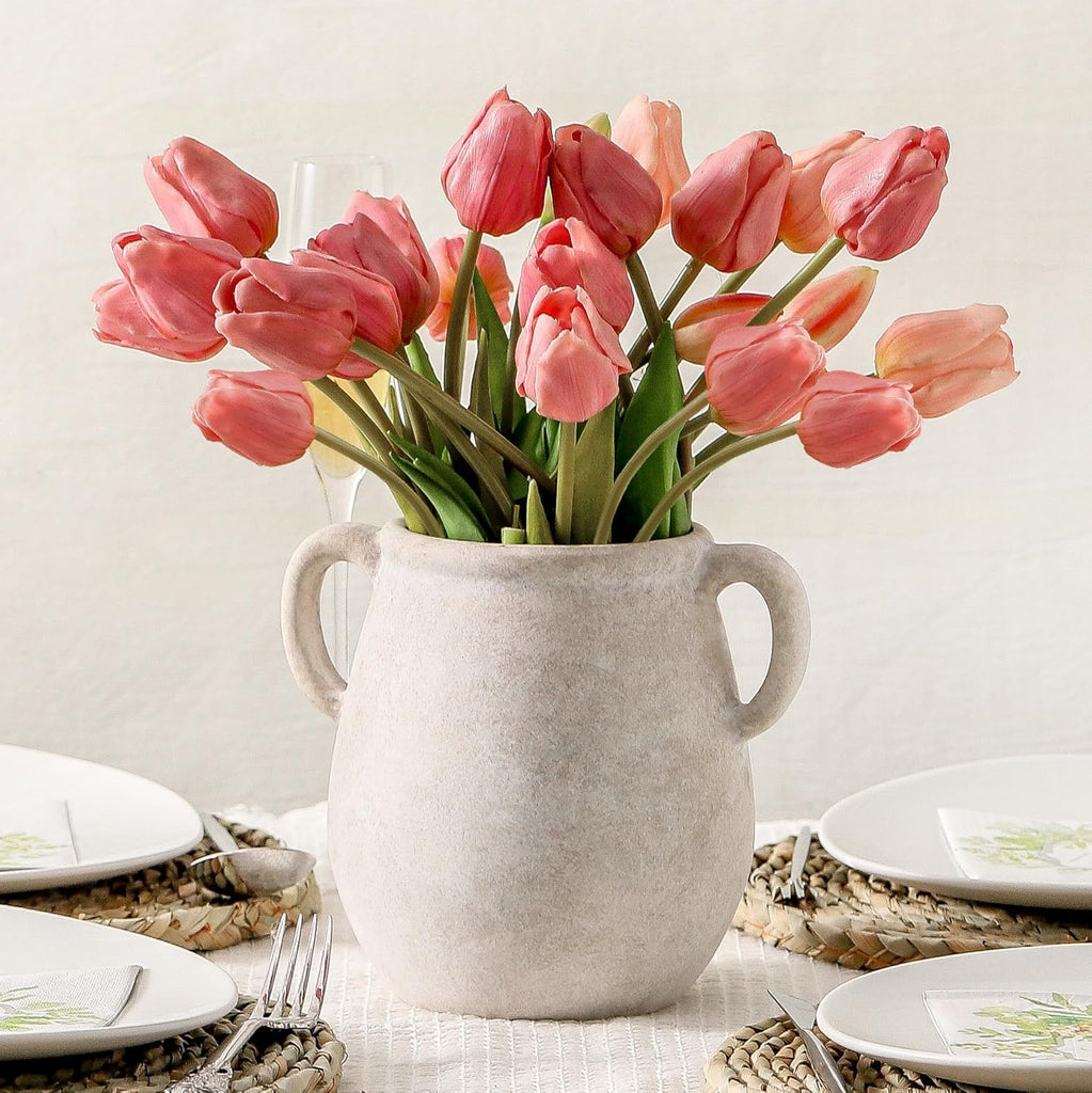 Ceramic Flower Vase Home Decor - 7.1 Inch White Rustic Table Flowers Vases