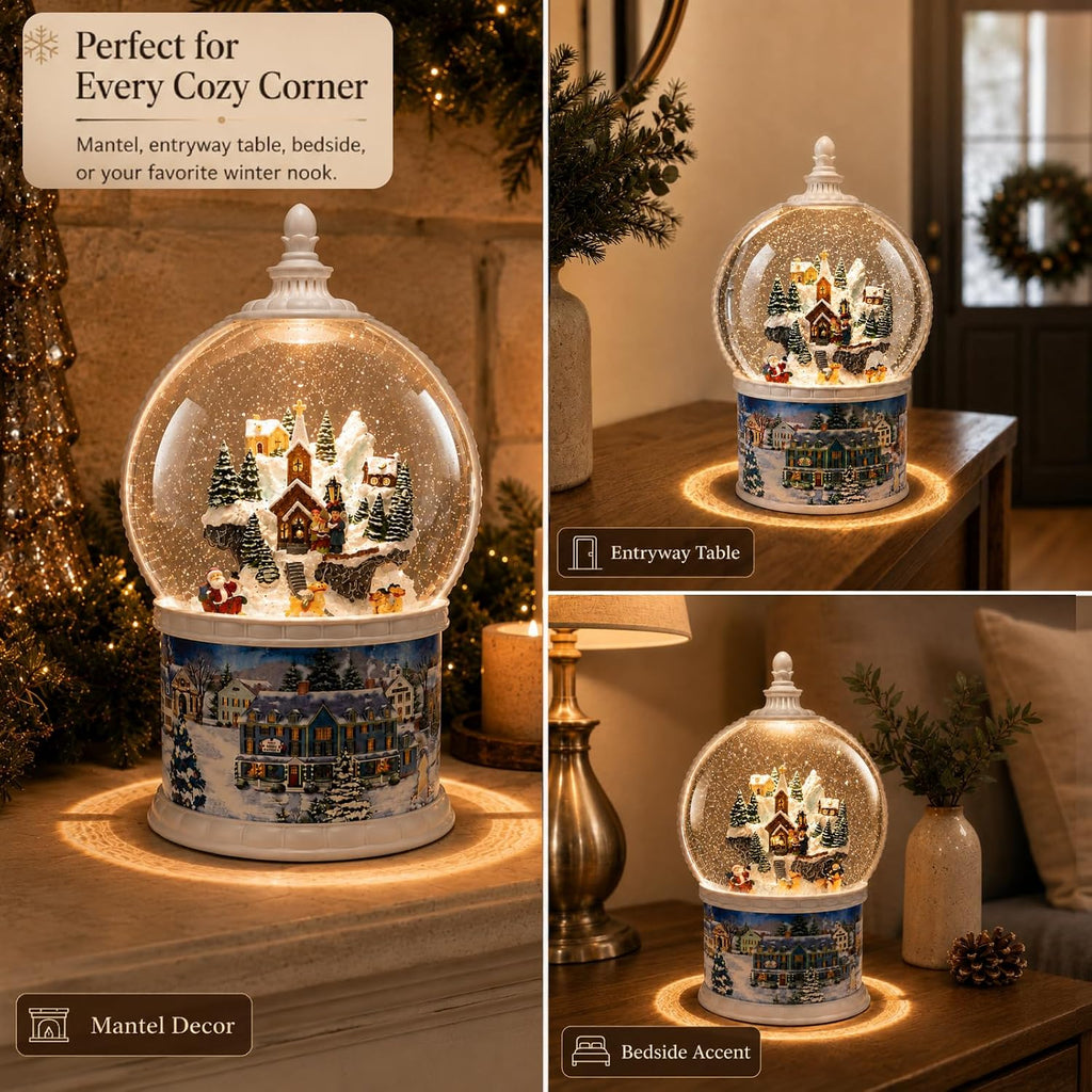 10.24" Large Christmas Snow Globe Lantern, Lighted Musical Winter Village with Swirling Glitter, Rotating Santa &