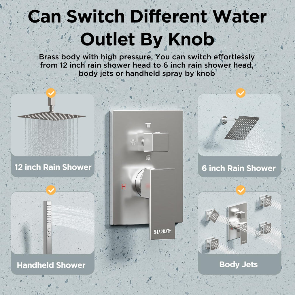 Rainfall Shower System with 4 Body Spray Jets, 4 Way 12 + 6"Rainfall Shower Head with Handheld Combo, Shower Jets