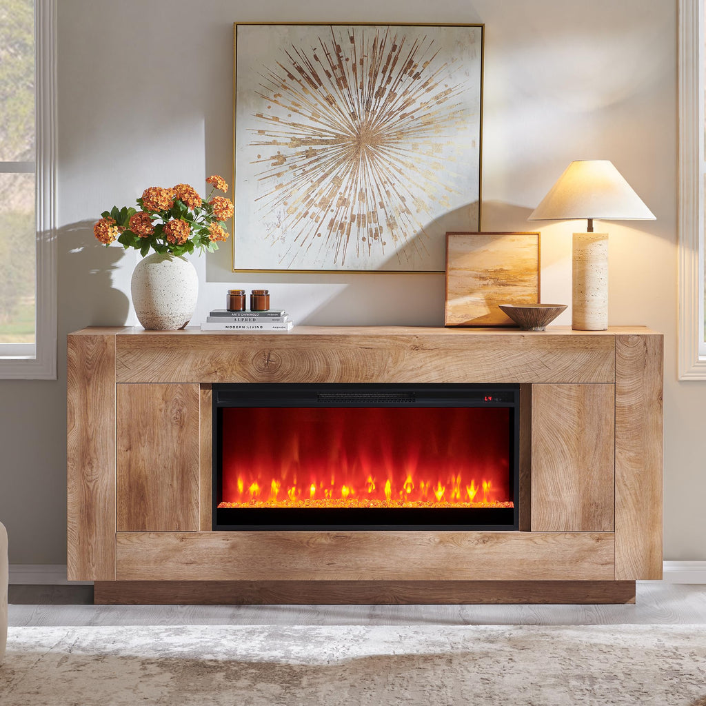 70" Fireplace TV Stand for 80" TV, Thick Block Media Console, Light Oak
