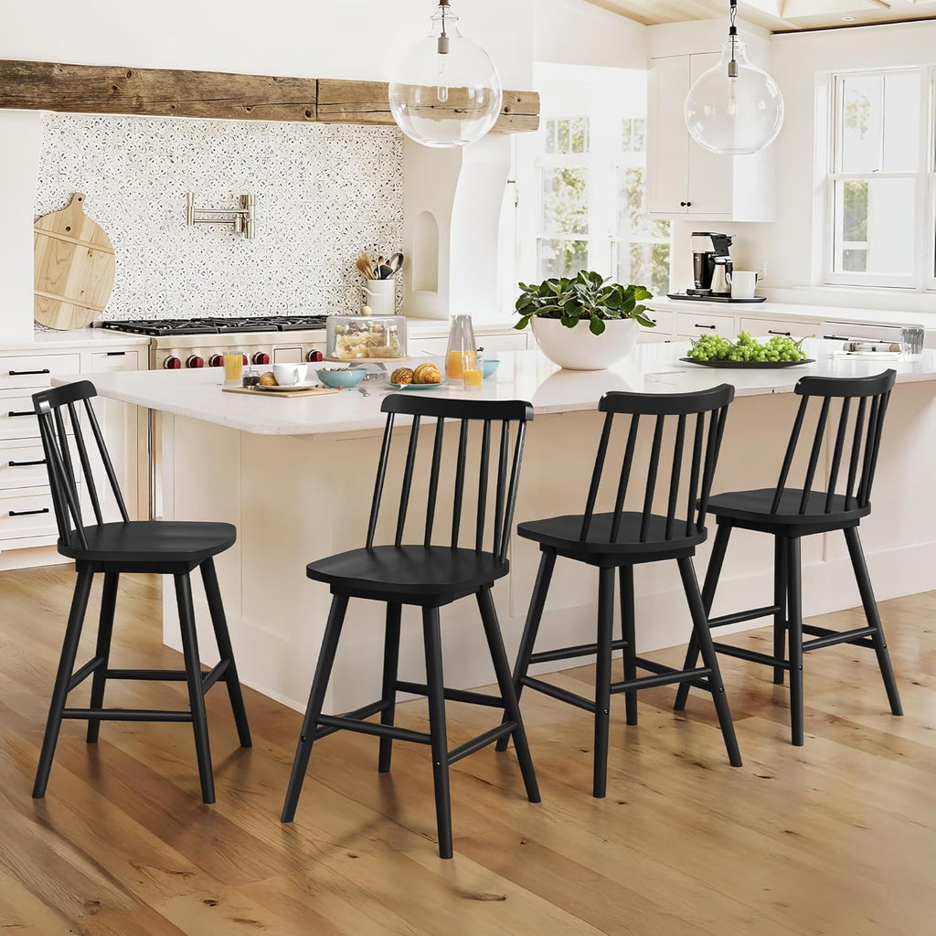 360° Swivel Bar Stools Set of 3, Black Windsor Barstools, Counter Height Barstool with Spindle Back, 24 inch