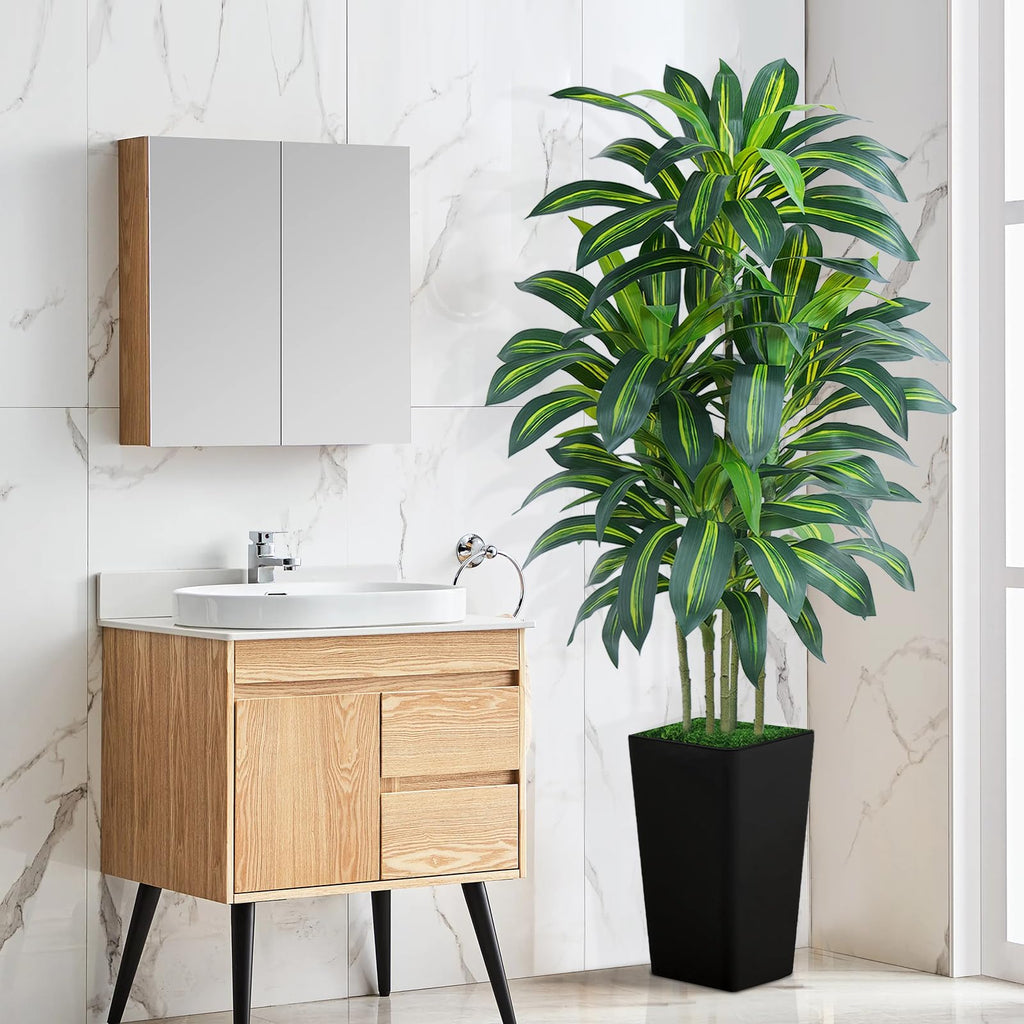 6FT Artificial Dracaena Tree - High-Density Foliage Fake Plant with Black Tall Planter - Faux Yucca Floor Plant Decor