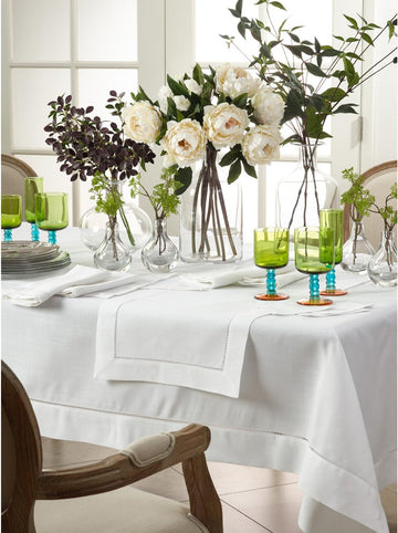 White Polyester Special Occasion Holiday Dining Tablecloth Handmade Hemstitched Border 70" X 160"
