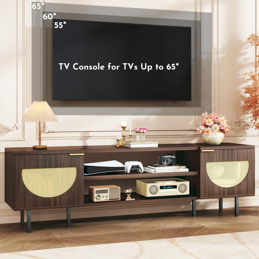 TV Stand for 55/60/65 inch TV, Modern Entertainment Center with Storage, Rattan TV Stands with 2 Cabinets &