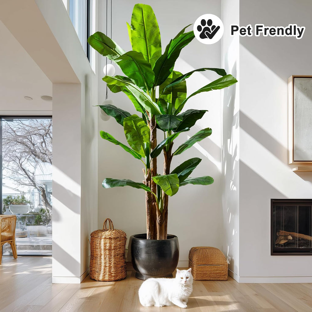 Banana Tree 9ft, Faux Tropical Palm Tree Plant with Realistic Leaves, Low Maintenance Indoor Outdoor Decor Porch, Pot