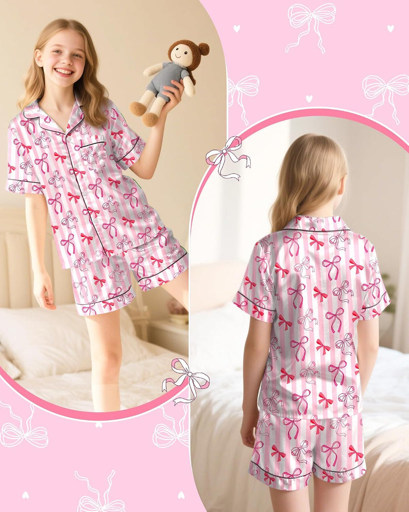 Girls Pajamas Silk PJS Set Pink Bow Satin Sleepwear Short Sleeve Jammies for Kids Button-Down Nightwear