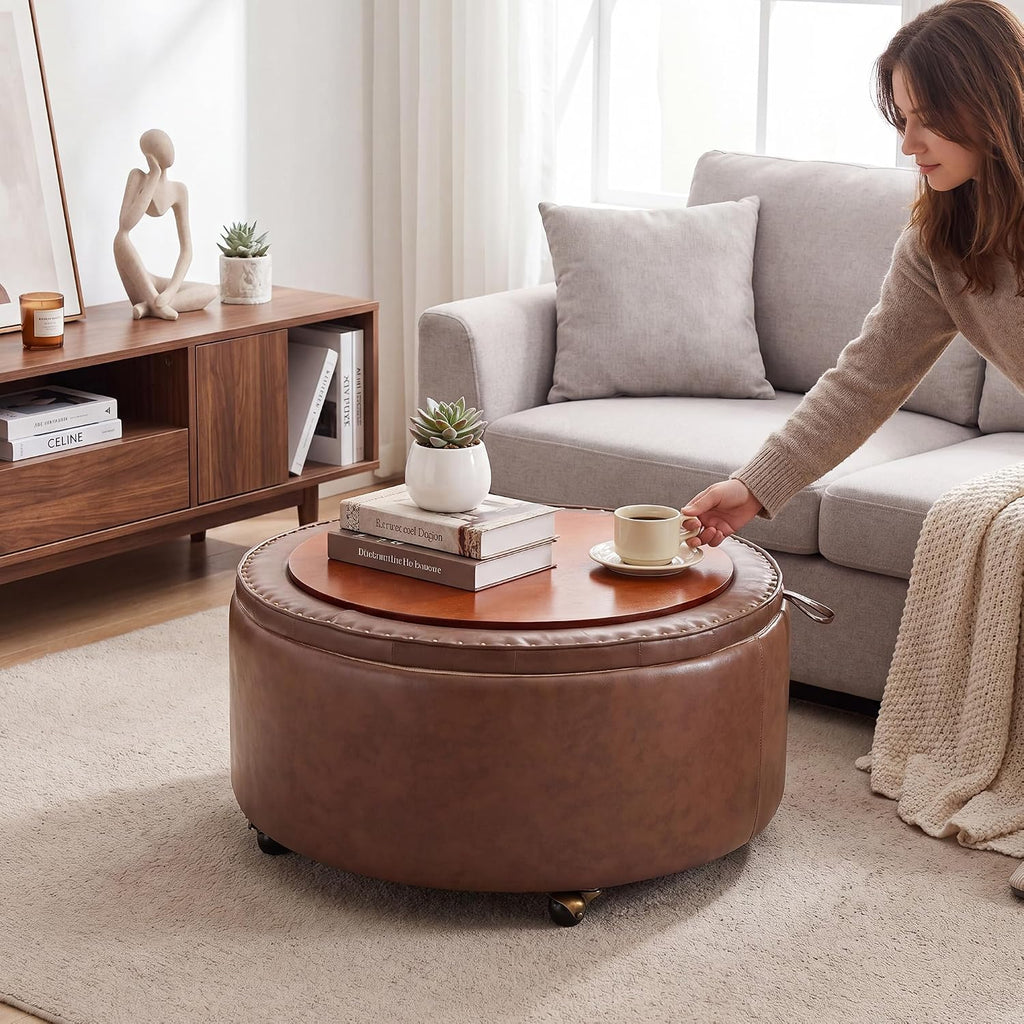 29" Large Round Storage Ottoman with Tray , Brown | Modern PU Leather Coffee Table Ottoman with Storage & Wheels