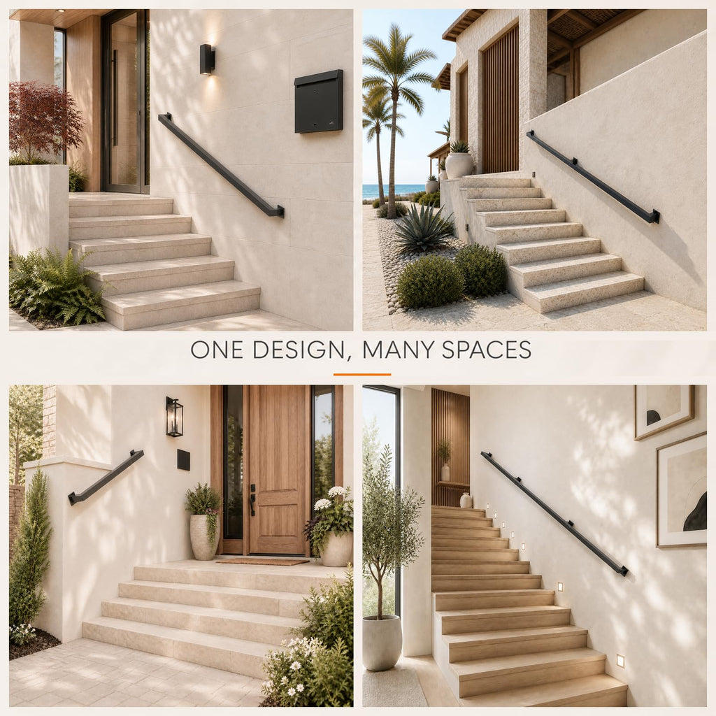 8FT Handrails for Stairs Indoor Outdoor, Step Railing Wall Mounted with Matte Black Finish, Industrial Pipe Hand