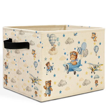 Blue Space Bear Storage Bins Box with Handles, Hot Air Balloon Bear Spaceman Laundry Basket Hamper Collapsible