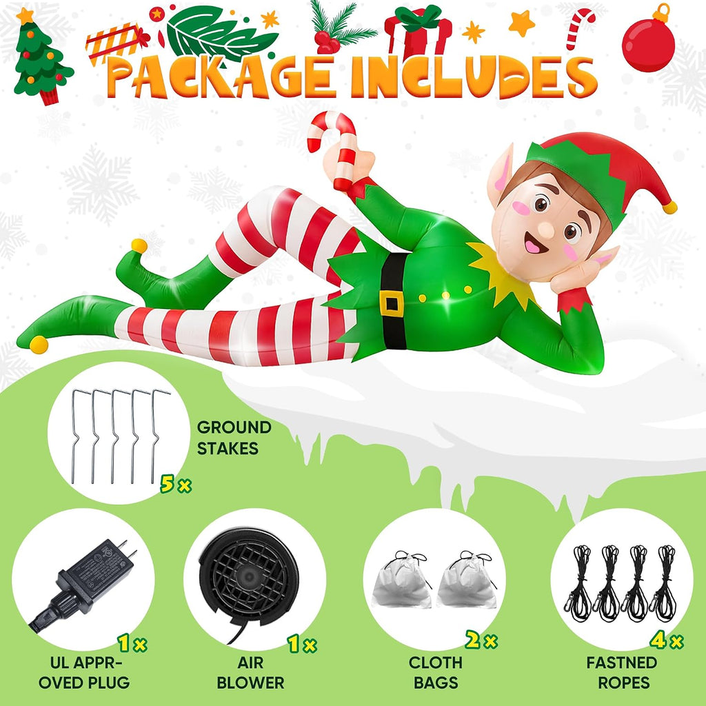 8 FT Christmas Inflatable Outdoor Decoration, Lying Elf Christmas Blow up Yard Decorations with LED Lights, Elf