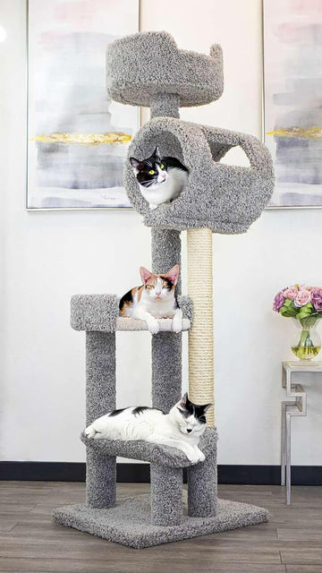 140003- Solid Wood Cat Climbing Tower Cat Tree, Gray