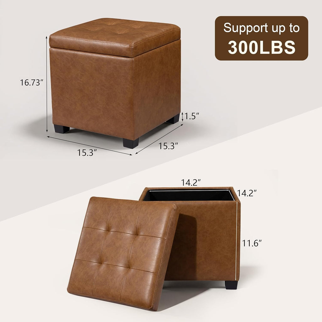 15 inch Square Storage Ottoman with Tray Lid,Modern Tufted Faux Leather Cube Coffee Table with Storage,Upholstered