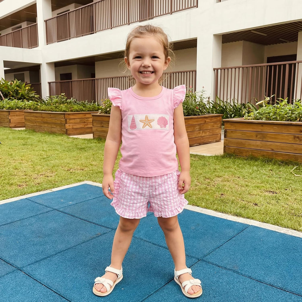 Toddler Baby Girl Summer Outfit Ruffle Sleeve Seashell Embroidery Top Gingham Shorts Set 2pcs Infant Beach Clothes
