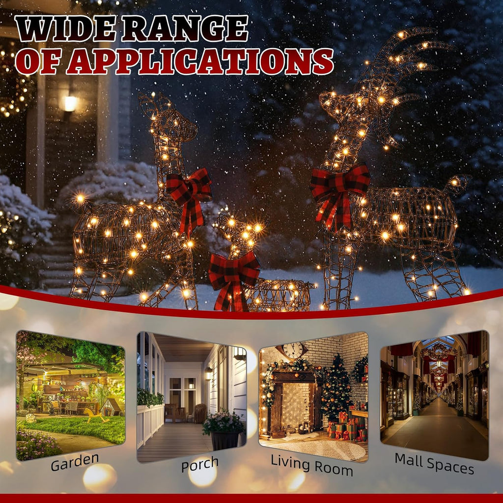 3 Piece 2D Lighted Christmas Deer Family Set,LED Lights,Stakes,Zip Ties