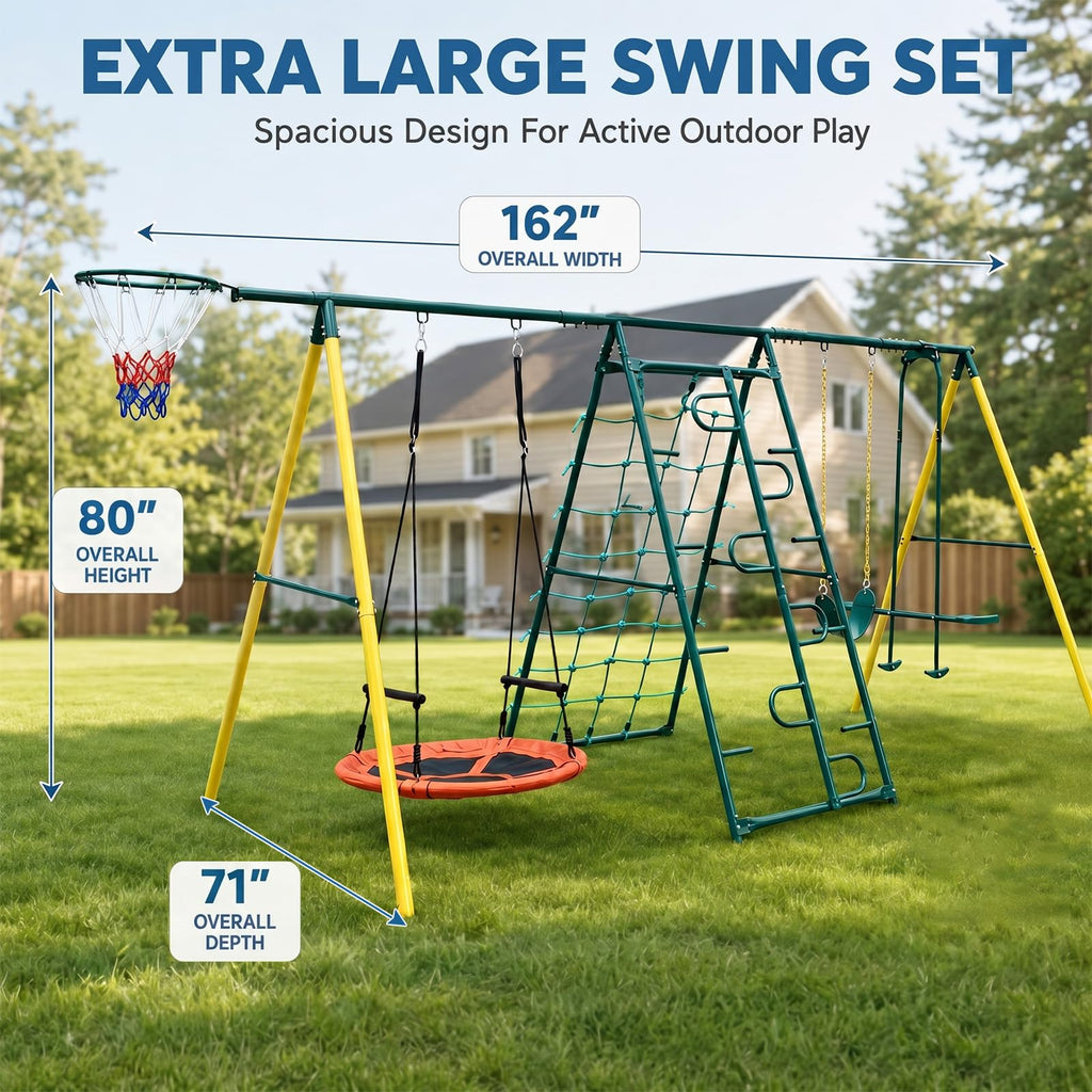Metal Swing Sets for Backyard for Kids 3-12, 6 in 1 Swing Sets, Heavy-Duty Playground Backyard Set with 2 Swings
