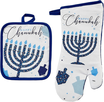 Hanukkah Hostess Gift Oven Mitt & Pot Holder Set - Stylish & Elegant Jewish Holiday Party Decorations - Set of 2