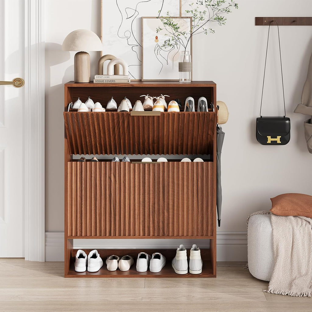 Shoe Cabinet , Narrow Freestanding Shoe Cabinet Storage with 2 Flip Drawers, Open Bottom Shelf & Side Hooks, Slim