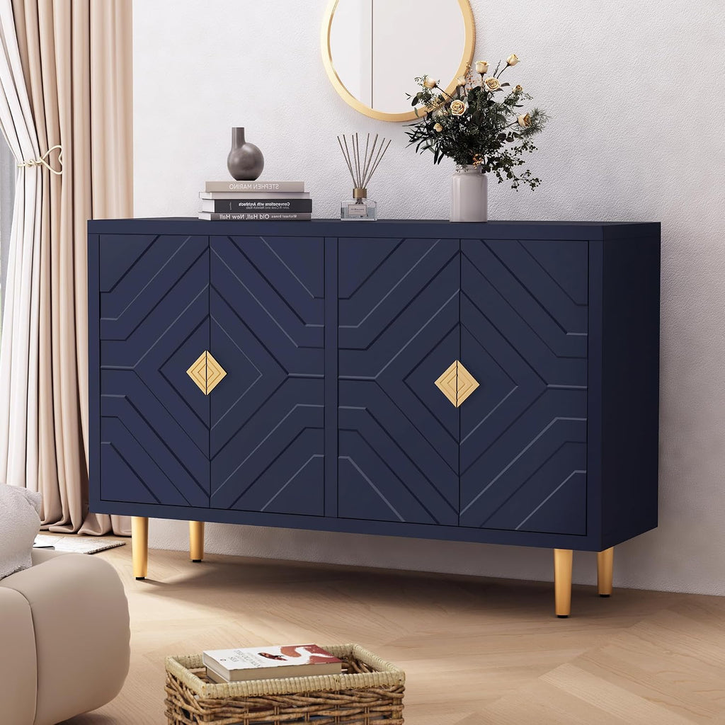 48'' Modern Sideboard Buffet Storage Cabinet with 4 Doors, Blue | Accent Storage Cabinet with Embossed Patterns