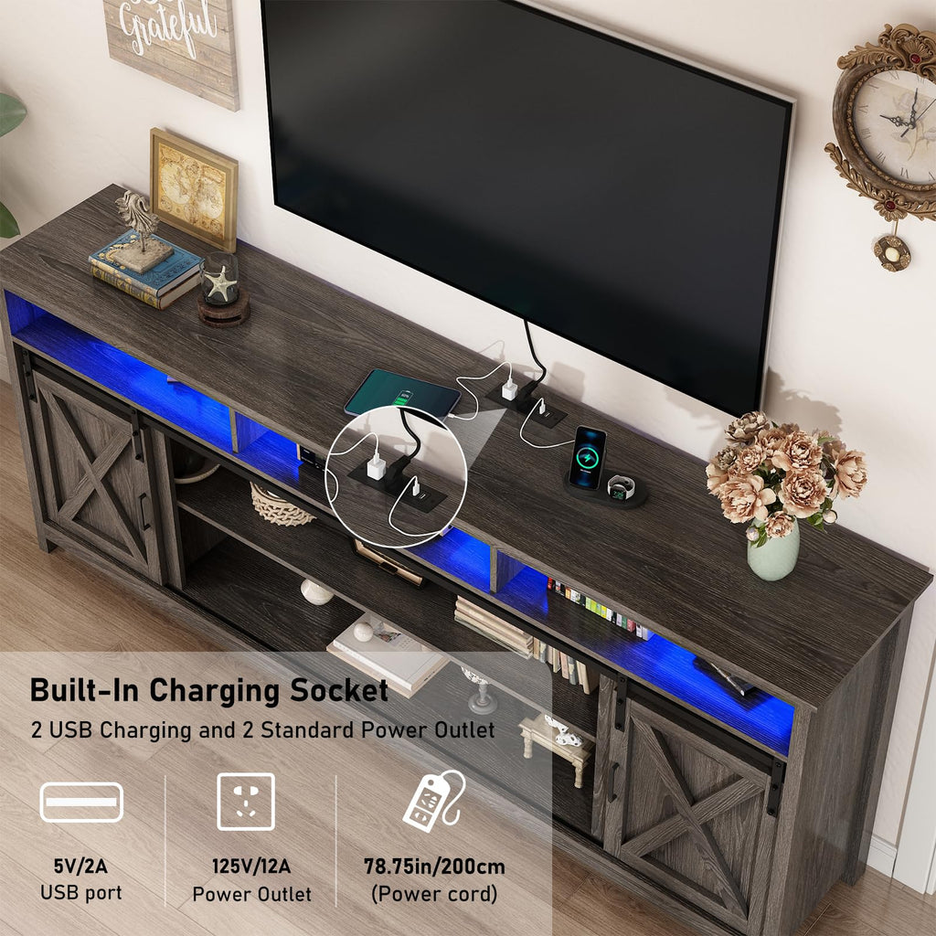 80" LED Farmhouse TV Stand for 90/85/80 Inch TVs, Tall Entertainment Center Storage Cabinets w/Power Outlets and