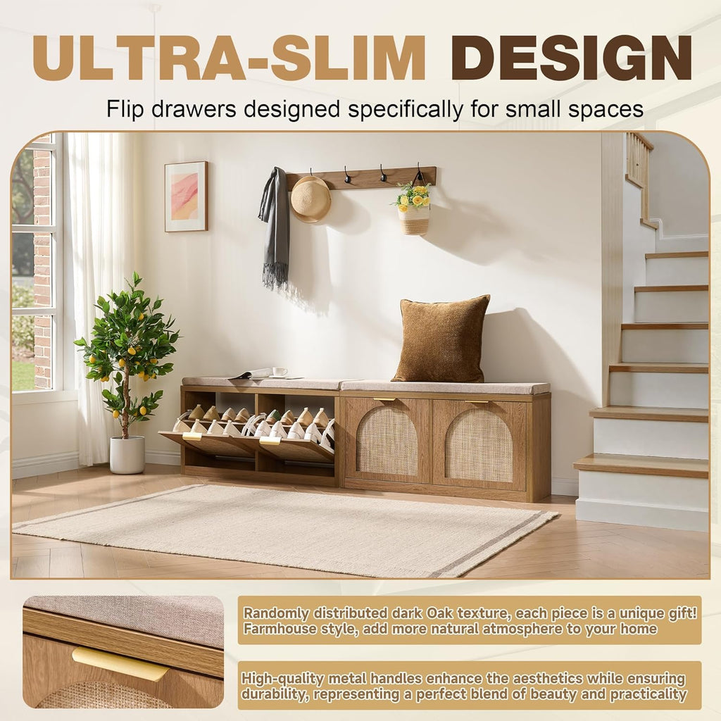 Rattan Narrow Entryway Bench with Shoe Storage, 2 Flip Drawers & Coat Rack, Mid-Century Modern Wood Shoe Cabinet with