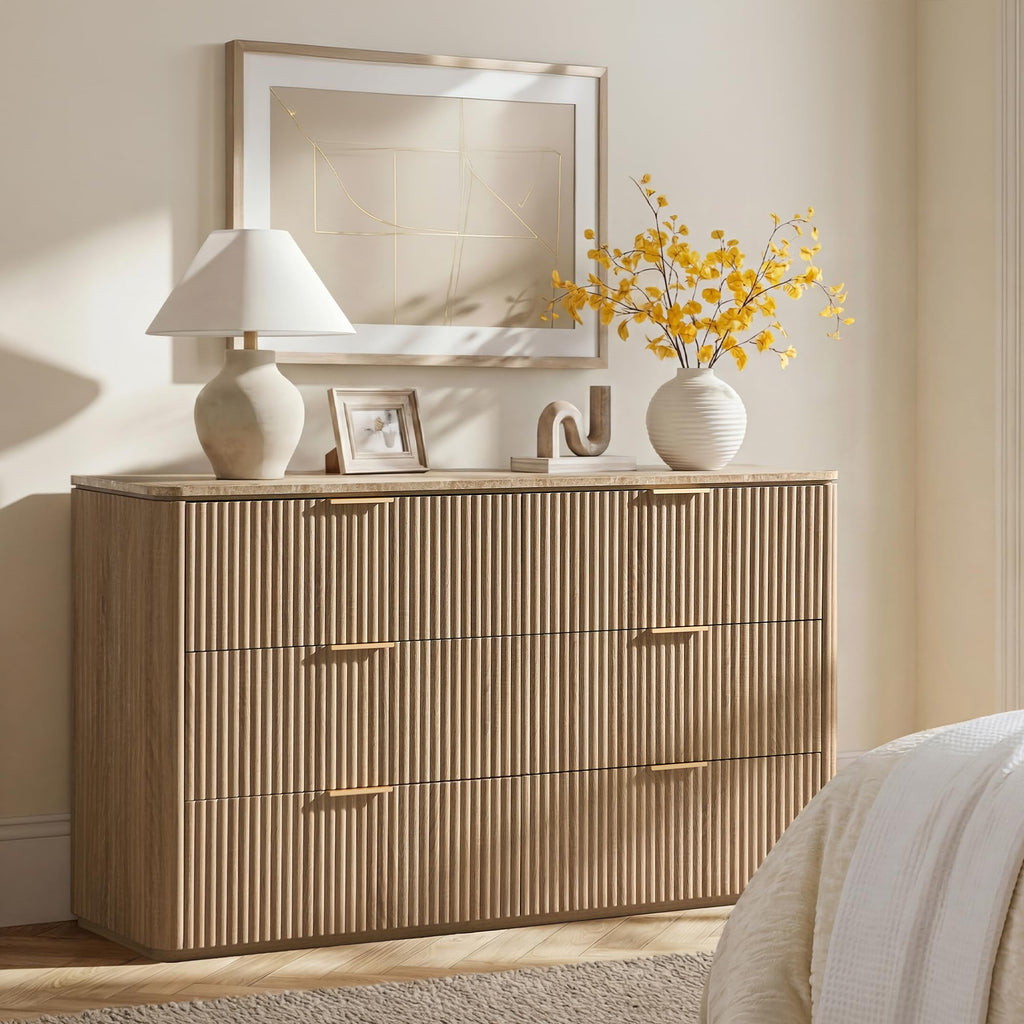 54"W Fluted 6 Drawer Bedroom Dresser, with Faux Marble Top, Natural Oak