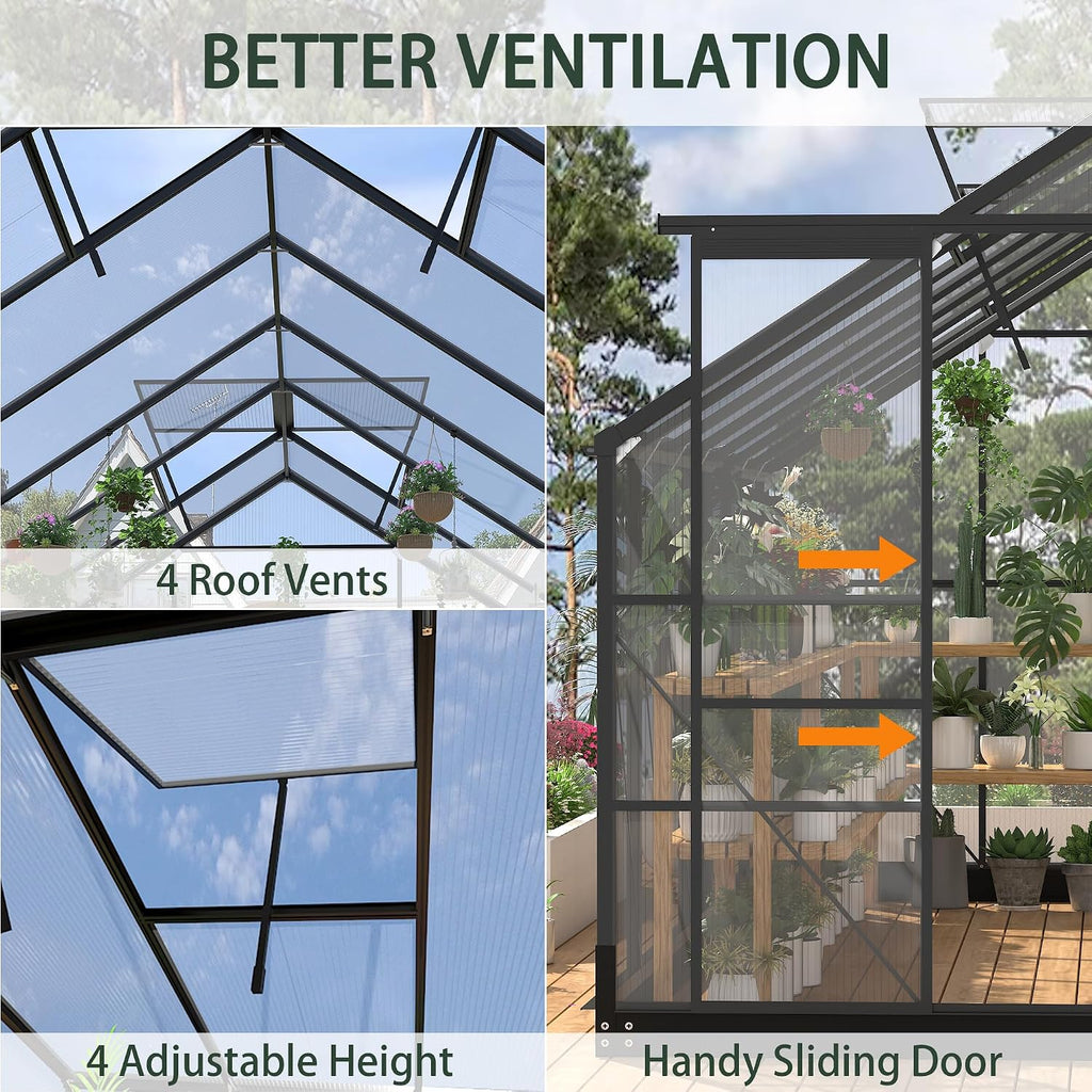Greenhouses for Outdoors, 8x14.2 FT Polycarbonate Greenhouses with 2 Adjustable Roof Vent, Windproof, Walk-in