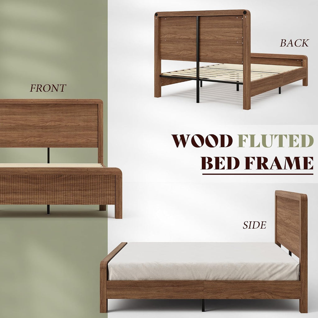Wood Full Bed Frame with Headboard & Footboard, Modern Fluted Wooden Platform Bedframe with Rounded Safety Edges