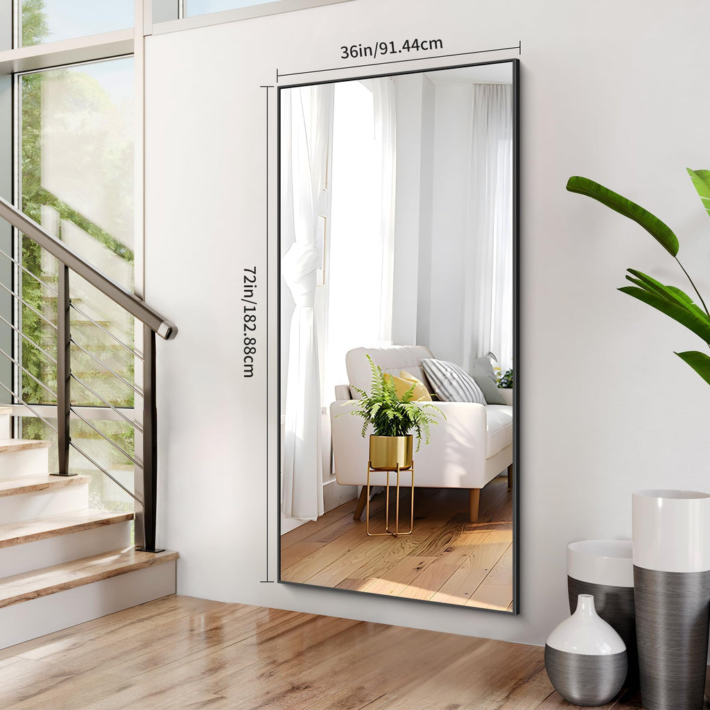 36x72inch Bathroom Mirror, Black Rectangle Mirror with Thin Metal Frame, Large Rectangular Wall Mirrors m, Hair