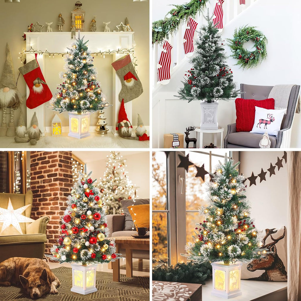 3ft Prelit Snow Flocked Christmas Tree with Light Up Reindeer Box Base