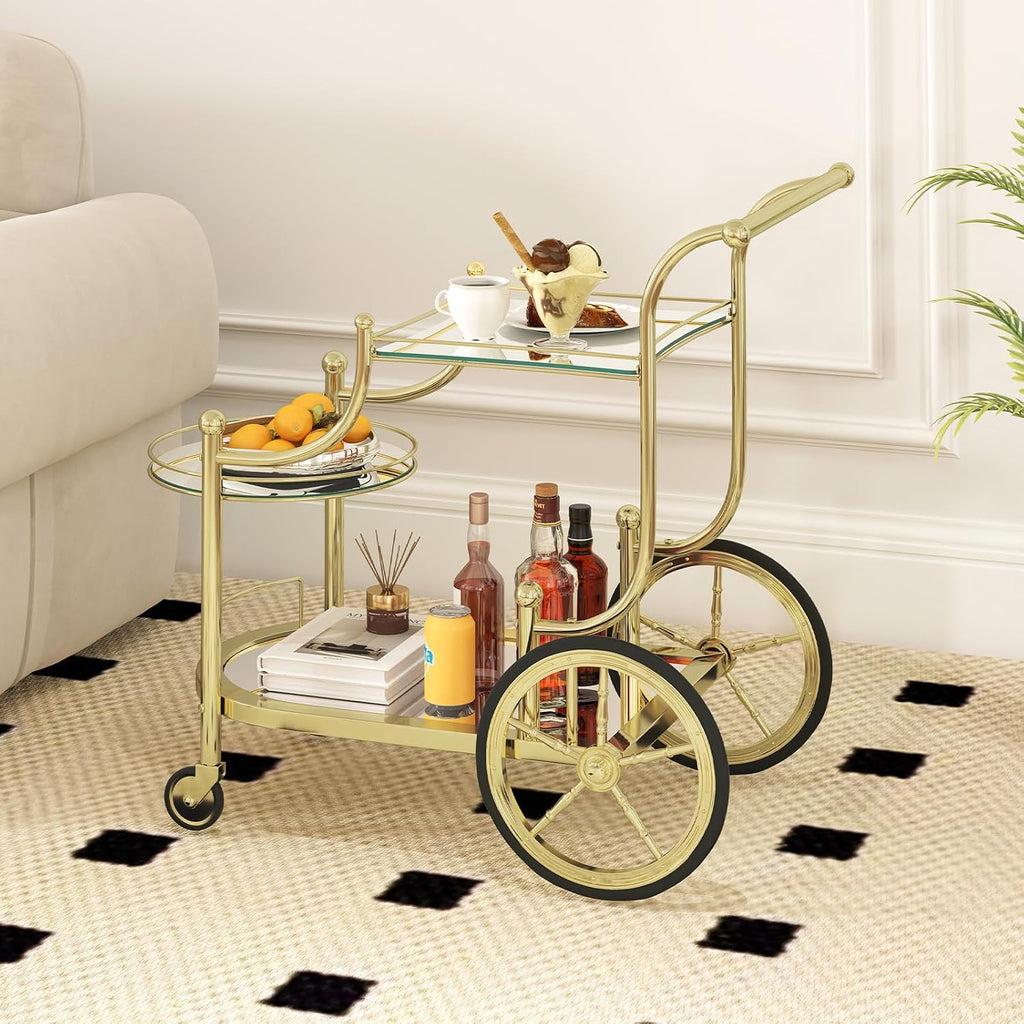 Glass Rolling Bar Cart, 3-Tier Mirrored Serving Bistro Cart with Wheels and Metal Rails, Mobile Wine Drink Cart