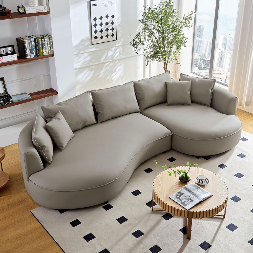 128.74 Inch Light Grey Curved Leather Sectional Sofa, Right-Facing Chaise