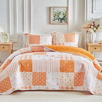 Floral Patchwork Quilt Set, 3 Pieces Orange Flower Plaid Bedspread Coverlet Set, Lightweight Soft