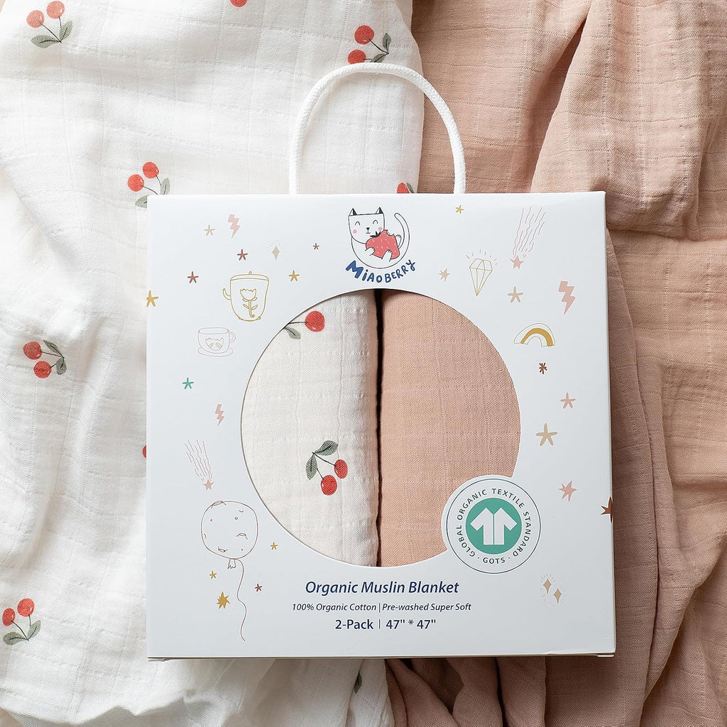 Certified Organic Muslin Swaddle Blankets, 2 Pack Baby Receiving Blankets, Soft Breathable Cotton Swaddles