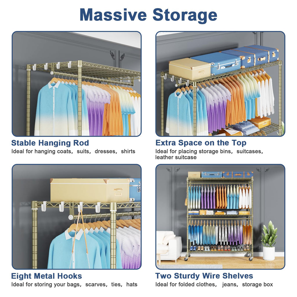P8 Max Heavy Duty Clothes Rack(With Extended Width Design) Rolling Clothing Racks for Hanging Clothes, Portable
