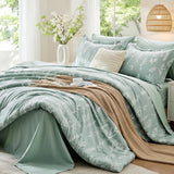 Queen Comforter Set 7 Pieces, Sage Green Bed in a Bag Queen Reversible Botanical Flowers Design