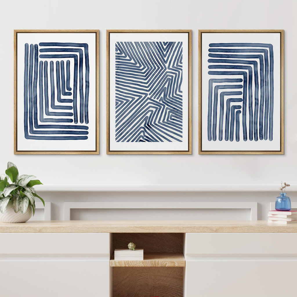 Framed Canvas Print Wall Art Set Navy Blue Stripe Polygon Pattern Collage Abstract Geometric Illustrations Decorative