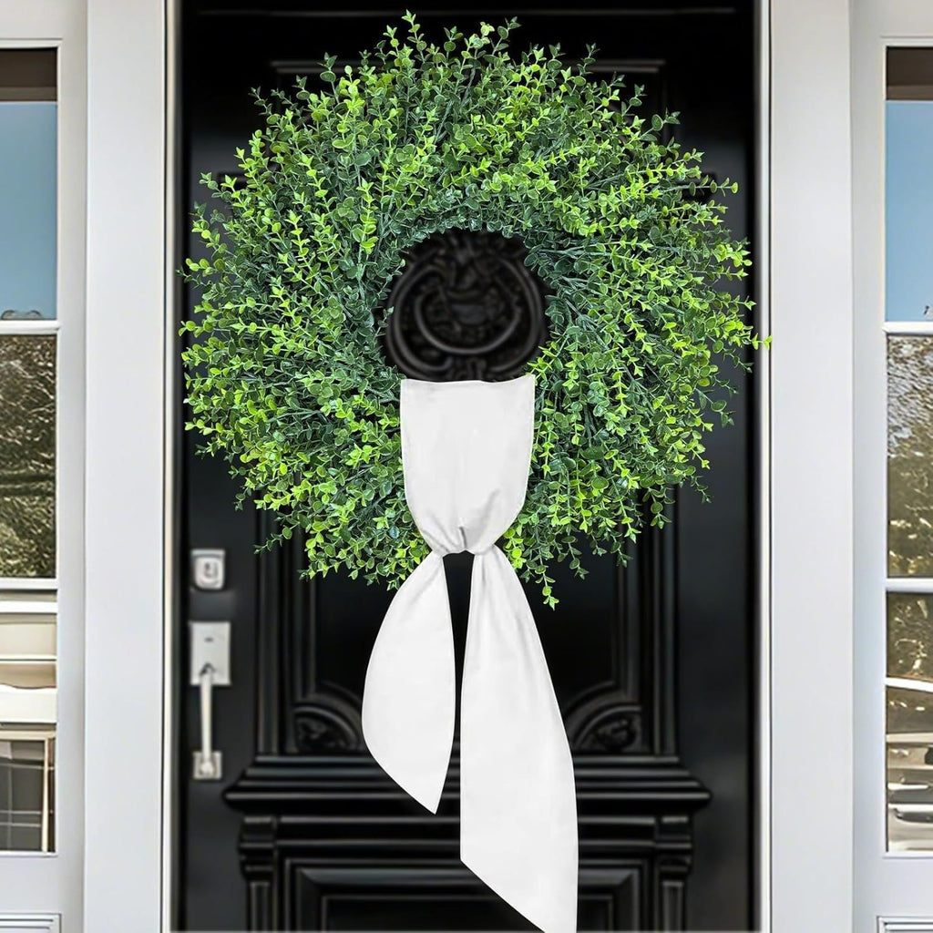 All Season Artificial Boxwood Wreath for Front Door, Farmhouse Year Round Greenery Wreath Outdoor with Hanging Tag