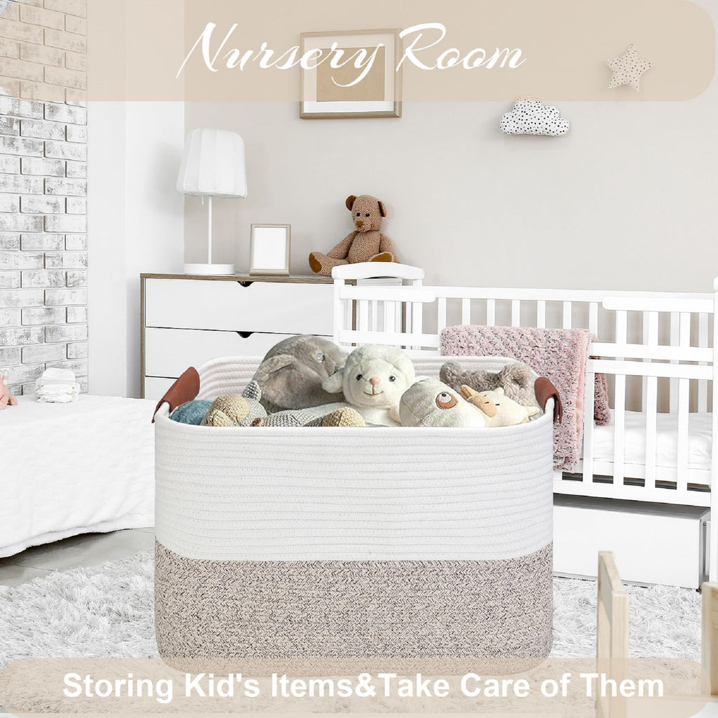 Large Cotton Rope Storage Basket with Leather Handles, Laundry Hamper Basket, 20 "L x 14" W x 12 "H, Durable &